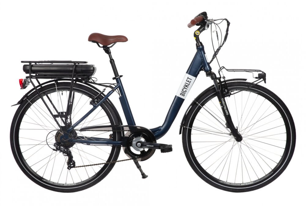 Mixte Bicyklet Claude Shimano Tourney 7V 500 Wh 700 mm Bleu Nuit Mat Marron