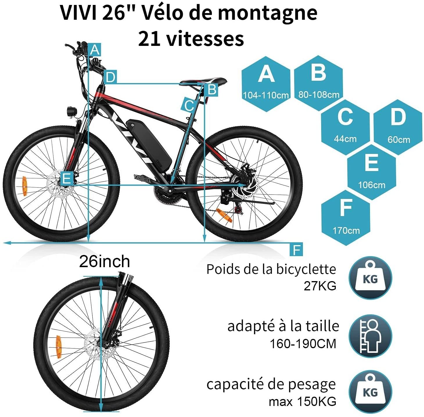 VTT électrique 350W VIVI 26 Pouces – Image 5