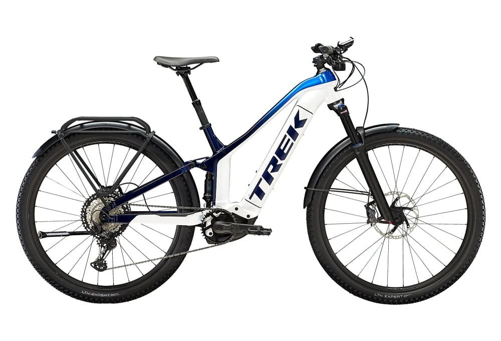 VTT Électrique Tout-Suspendu Trek Powerfly FS 7 Shimano SLX XT 12V 625 Wh 27.5" Blanc / Bleu Alpine 2023
