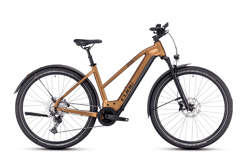 Vélo ville électrique Cube nuride hybrid exc 625 allroad caramel´n´black trapèze