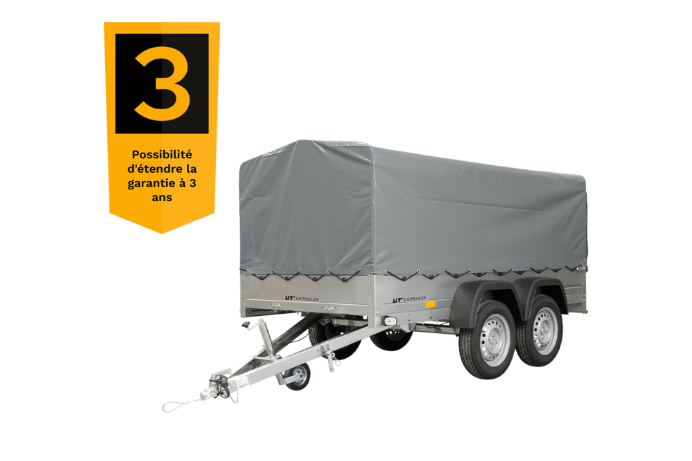 remorque double essieux unitrailer 264/2 kipp avec roue jockey, arceau et bâche grise