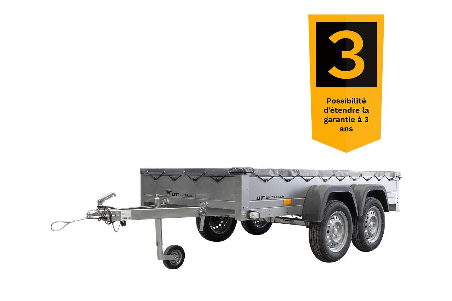 remorque unitrailer 264/2 kipp avec roue jockey, tige de support de bâche et bâche plate grise