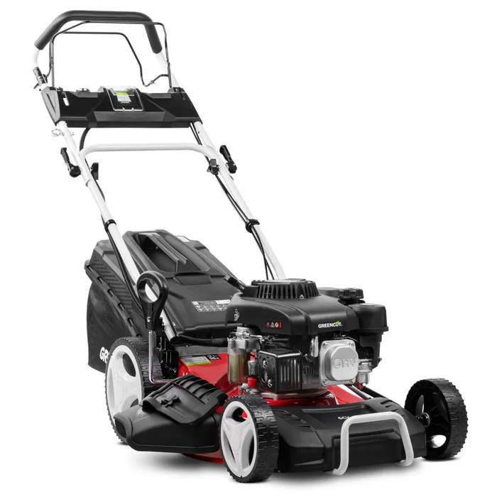 Tondeuse à gazon essence 165cc 6cv, démarrage électrique 4 temps automotrice, lame 460mm, panier de 55L - Greencut GLM770XE